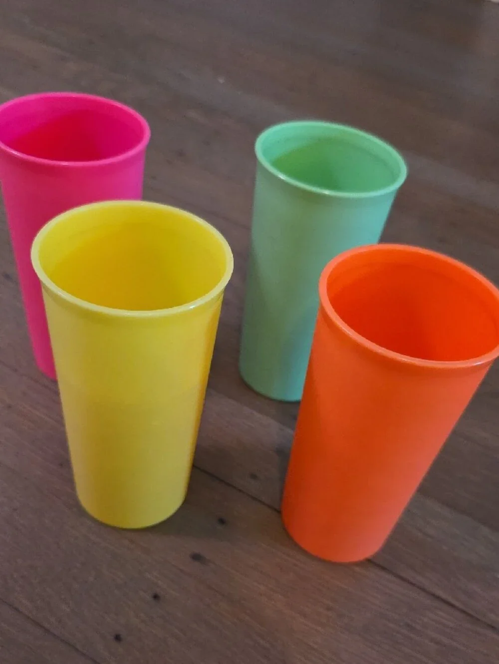 Tupperware Neon Plastic Cups 9oz #116 in Pink, Yellow, Green, Orange- Set Of 4